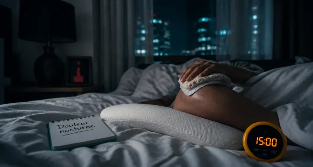 Comment calmer les douleurs articulaires la nuit : poche de froid sur un genou au lit