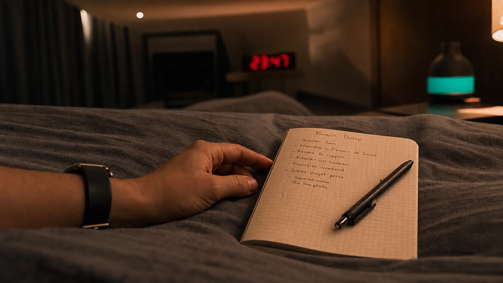 Comment trouver le sommeil rapidement : respiration et rituels au lit, notes cerveau vide