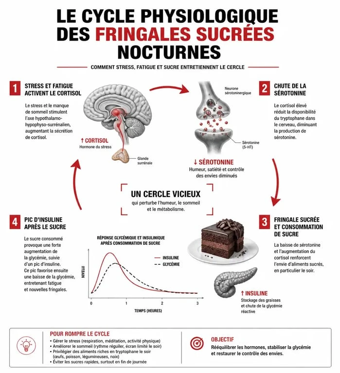 Infographie expliquant le mécanisme physiologique des envies de sucre le soir et l'impact sur le métabolisme
