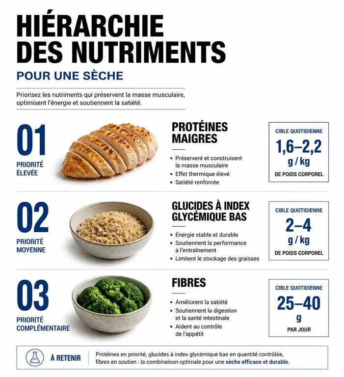Infographie sur les meilleurs aliments pour une sèche et la répartition des macronutriments
