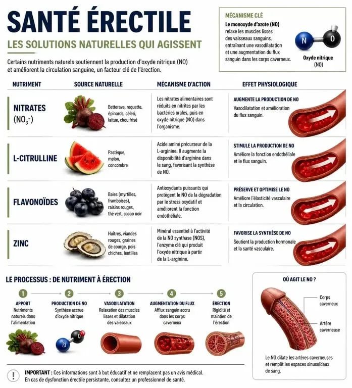 Infographie sur les produits naturels pour l'érection et leurs bienfaits sur la santé vasculaire