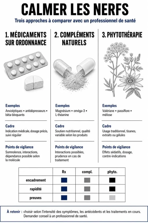 Infographie sur les solutions pour calmer les nerfs : médicaments sur ordonnance et alternatives naturelles