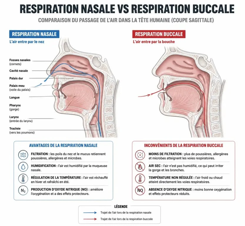 Schéma explicatif de la respiration buccale nocturne et ses effets sur les voies aériennes