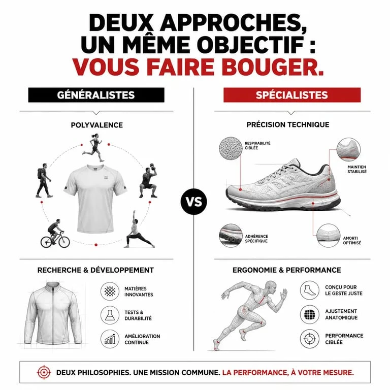 Infographie comparative entre les marques de vêtements de sport généralistes et les marques spécialistes pour bien choisir son équipement.