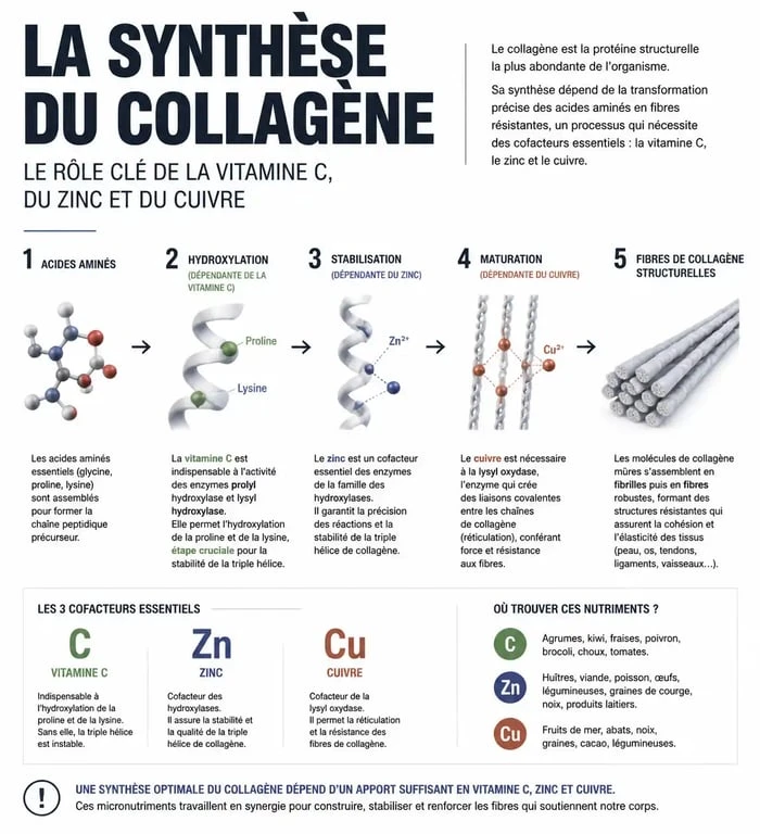 Infographie sur la synthèse du collagène et les cofacteurs alimentaires essentiels pour une peau et des articulations en bonne santé