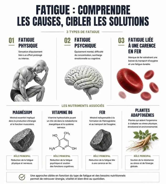 Infographie sur les solutions et nutriments contre la fatigue pour mieux choisir son médicament contre la fatigue