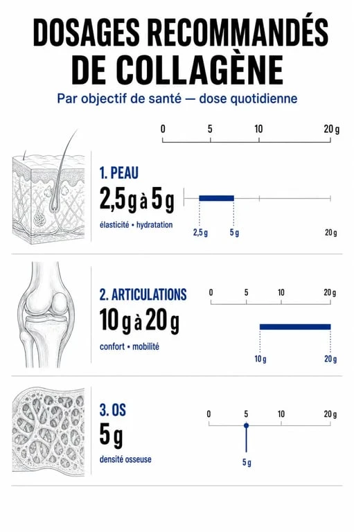 Infographie des dosages recommandés de collagène par jour selon les objectifs de santé : peau, articulations et os.