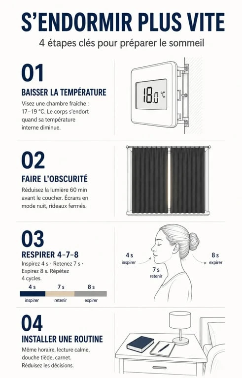 Infographie des étapes pour trouver le sommeil rapidement et améliorer son endormissement