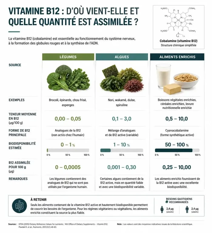 Infographie comparative des sources de vitamine B12 dans l'alimentation végétale et enrichie