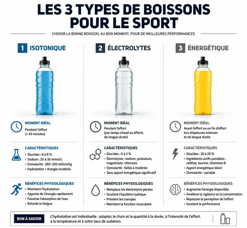 Infographie comparative des boissons pour le sport : isotonique, électrolytes et énergétique