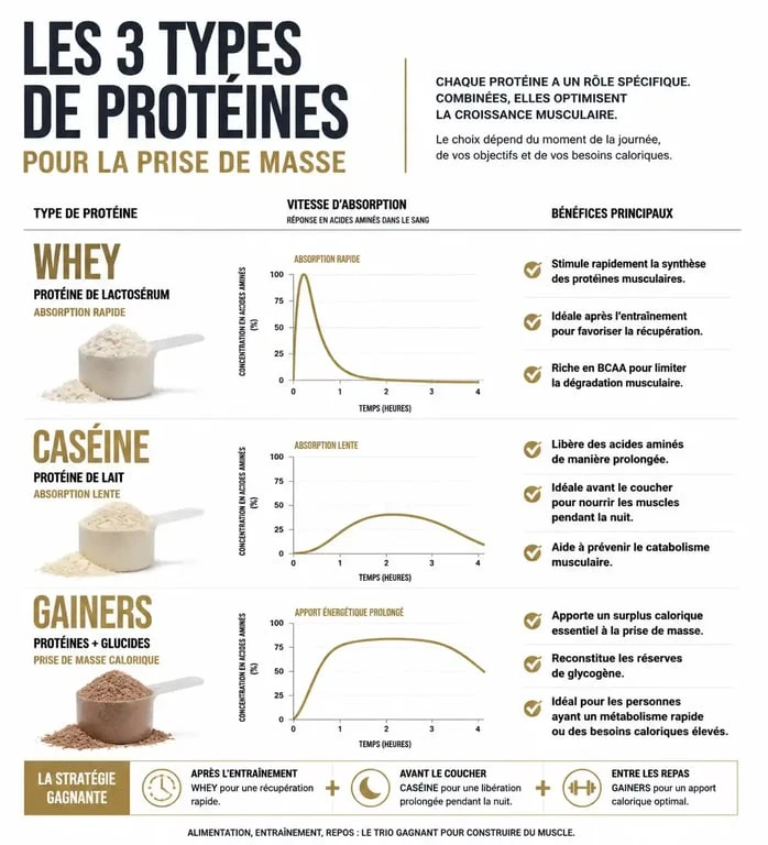 Infographie comparative des protéines pour grossir en pharmacie : Whey, Caséine et Gainers.