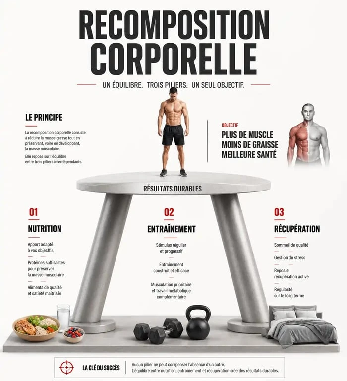 Infographie sur la recomposition corporelle : alimentation pour prendre du muscle et perdre de la graisse