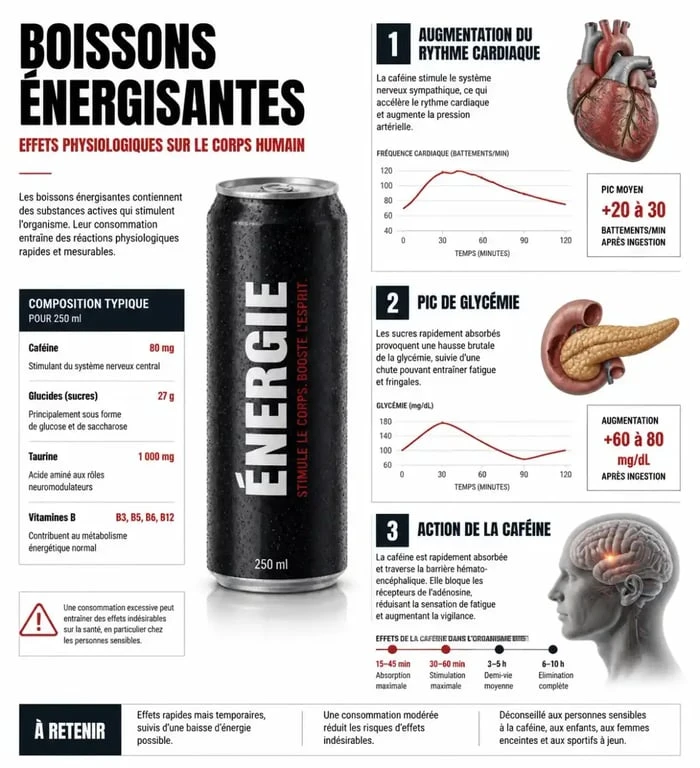 Infographie des effets des boissons énergisantes sur le corps humain