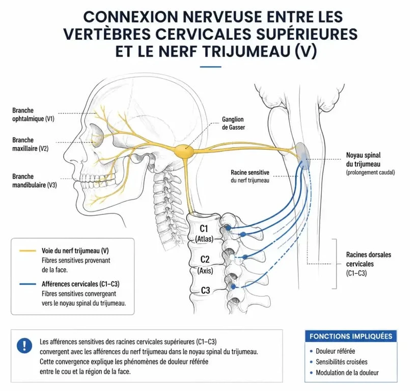 Schéma anatomique expliquant le lien entre les cervicales et les maux de tête