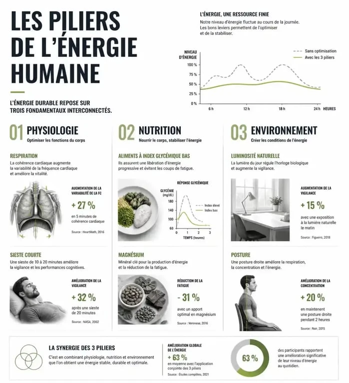 Infographie sur les trois piliers pour avoir de l'énergie rapidement : physiologie, nutrition et environnement.