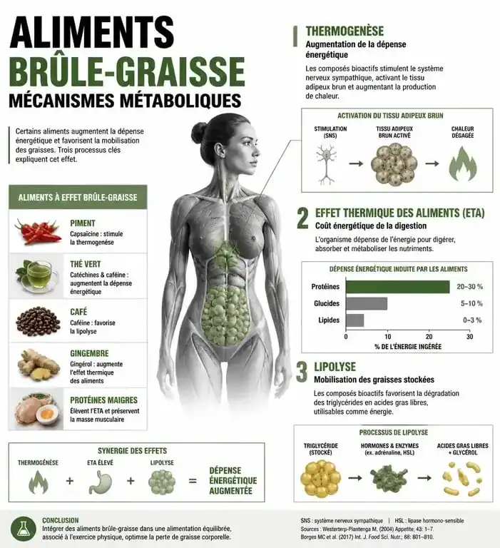 Infographie sur les mécanismes physiologiques des aliments brûle-graisse et la thermogenèse