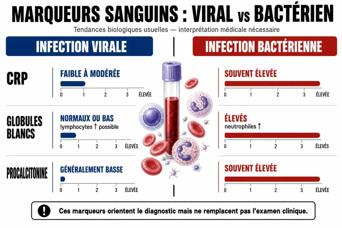 Infographie comparative des marqueurs sanguins pour différencier une infection virale ou bactérienne lors d'une prise de sang