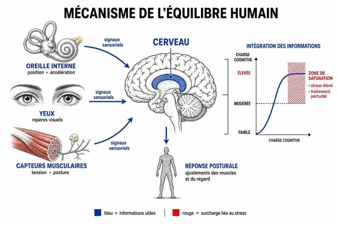 Schéma explicatif du lien entre stress et vertiges : fonctionnement de l'équilibre et impact du système nerveux.