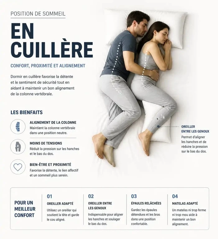Schéma illustrant la position cuillère pour dormir avec des conseils ergonomiques pour le confort du dos et des bras.