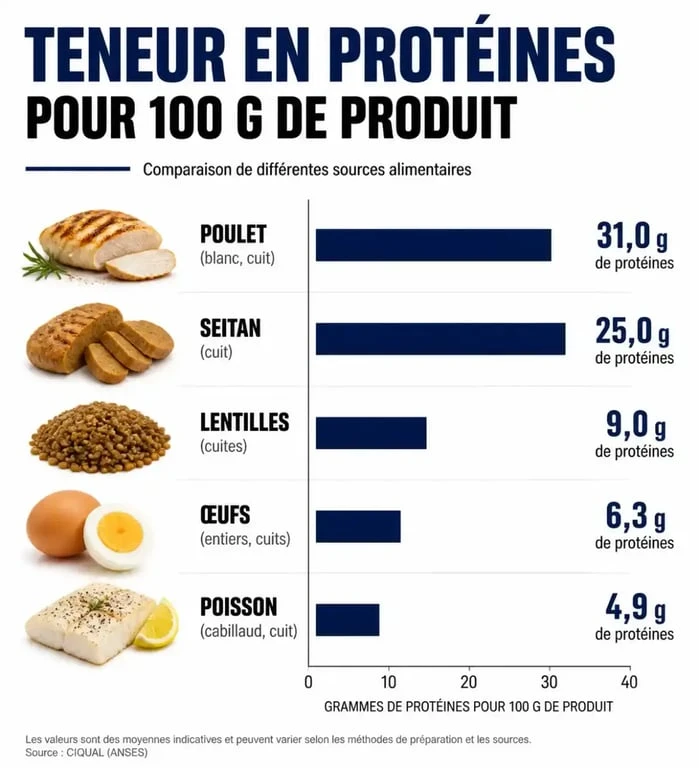 Infographie comparative des sources de protéines pour un repas riche en protéines