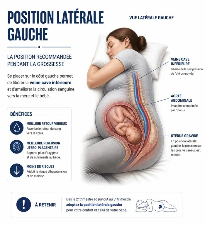 Infographie illustrant la position recommandée pour dormir enceinte sur le côté gauche pour favoriser la circulation sanguine