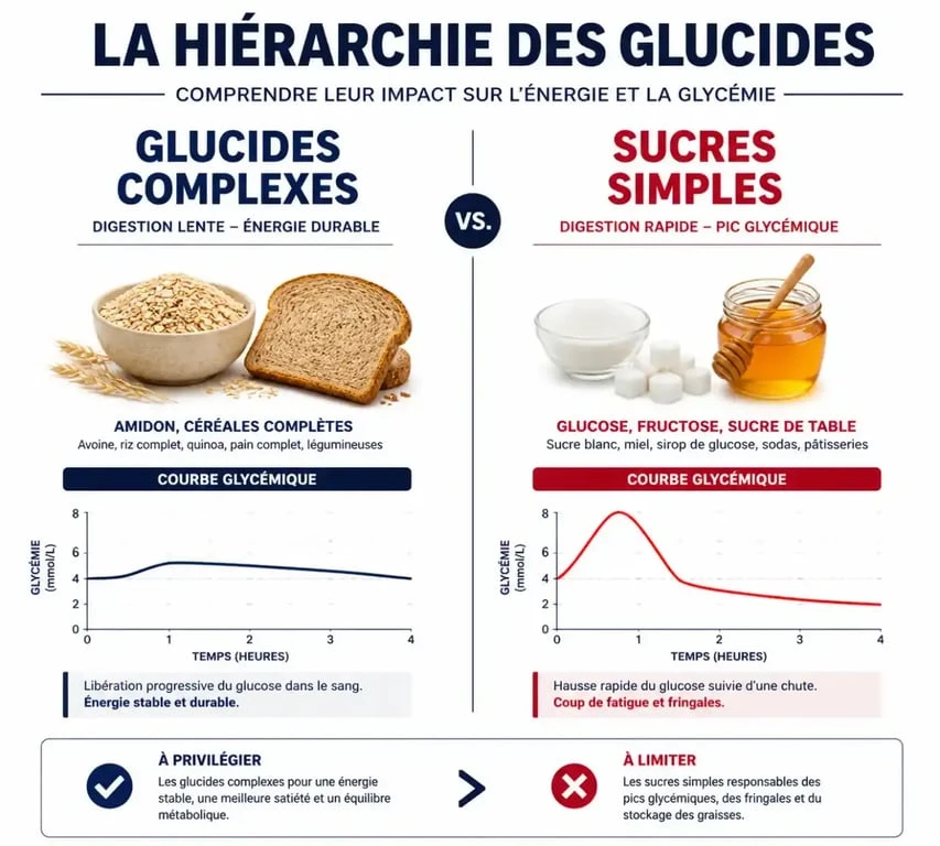 Infographie comparative entre glucides complexes et sucres simples pour comprendre la différence entre glucide et sucre