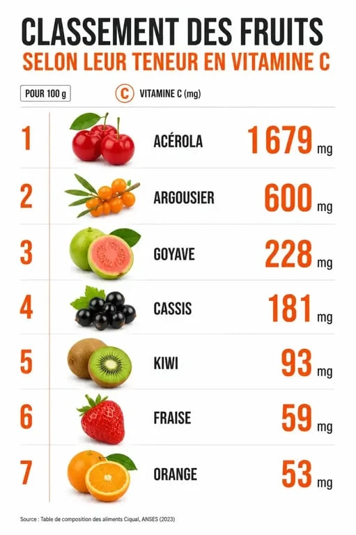 Infographie comparative du classement des fruits les plus riches en vitamine C pour 100g