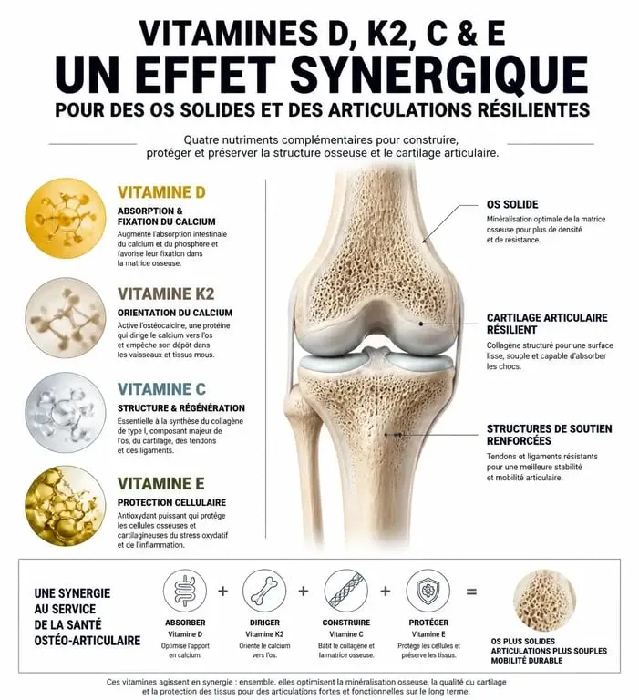 Infographie des vitamines pour les os et articulations : rôle de la vitamine D, K2, C et E