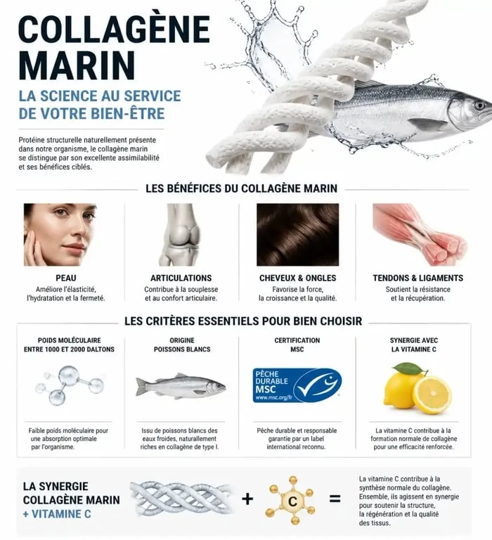 Infographie sur les bienfaits et critères de choix du collagène marin en gélules