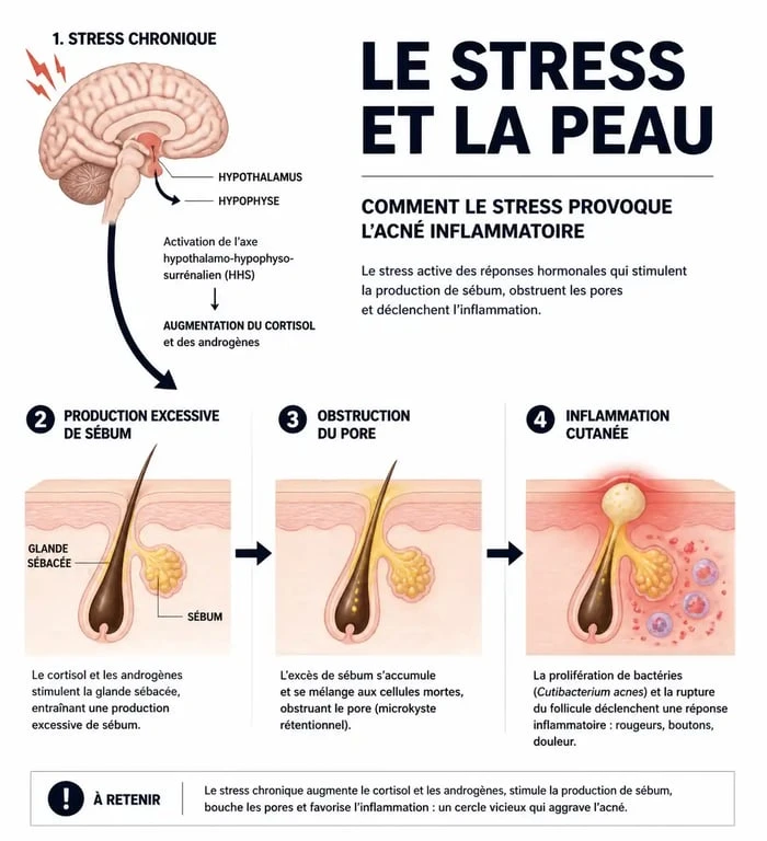 Schéma explicatif du mécanisme biologique des boutons de stress sur le visage