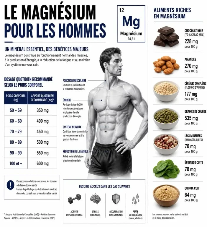 Infographie sur la dose de magnésium par jour pour homme et sources alimentaires