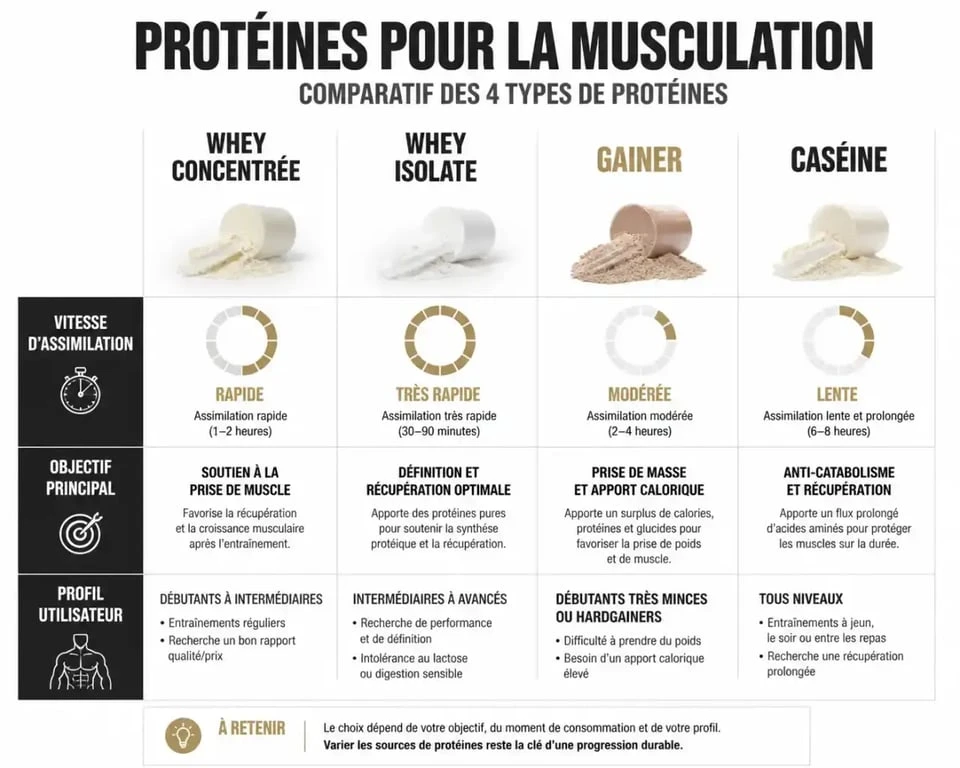 Comparatif des meilleures protéines pour la prise de masse musculaire : Whey, Isolate, Gainer et Caséine