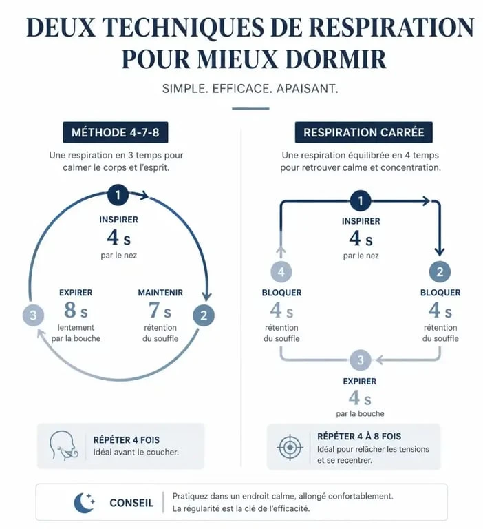 Infographie des techniques de respiration pour s'endormir rapidement : méthode 4-7-8 et respiration carrée