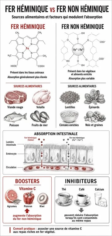 Infographie sur l'absorption du fer et liste des aliments riches en fer