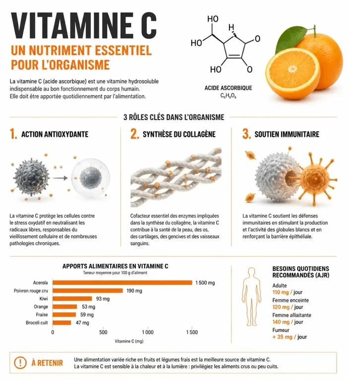 Infographie sur les bienfaits et le rôle de l'acide ascorbique vitamine C dans l'organisme