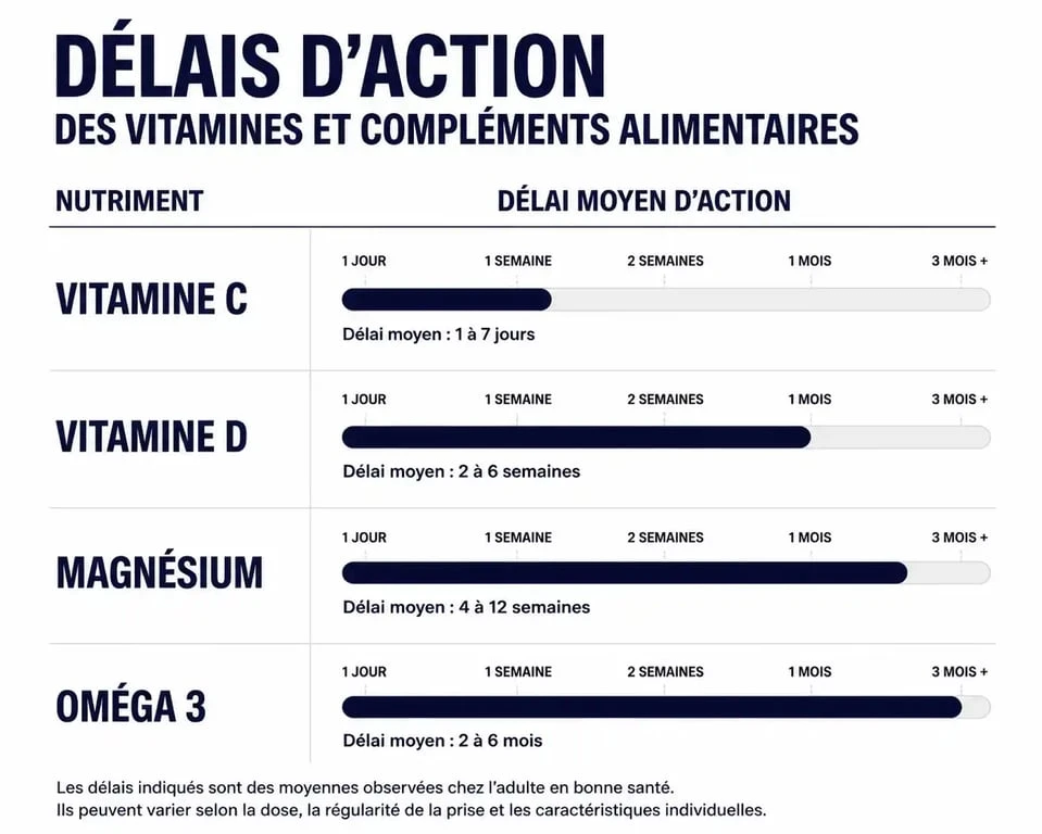 Infographie des délais d'action des vitamines et compléments alimentaires pour savoir au bout de combien de temps les vitamines font effet.