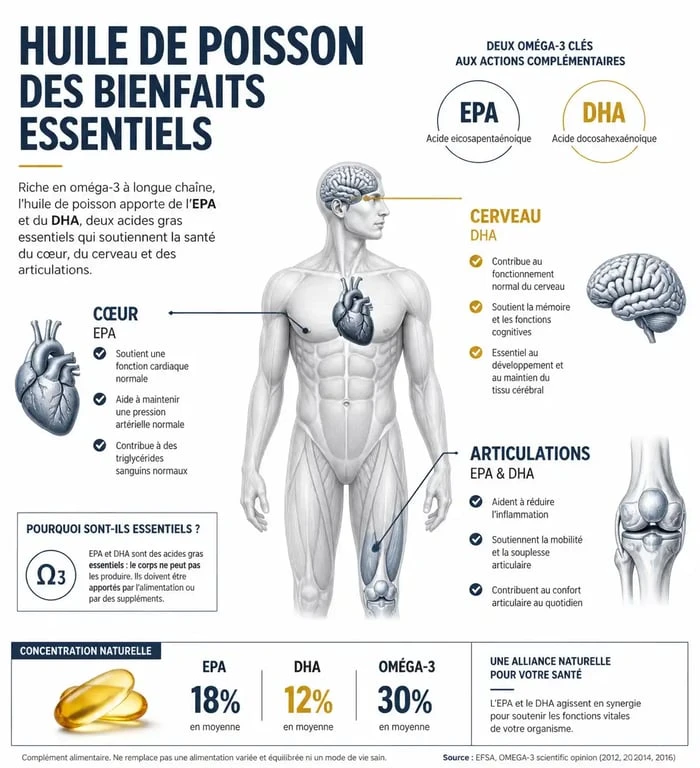 Infographie des bienfaits de l'huile de poisson sur la santé cardiovasculaire et cognitive