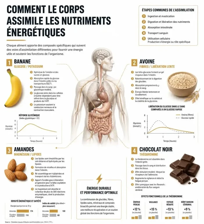 Infographie sur les aliments qui donnent de l'énergie rapidement et leurs mécanismes d'action