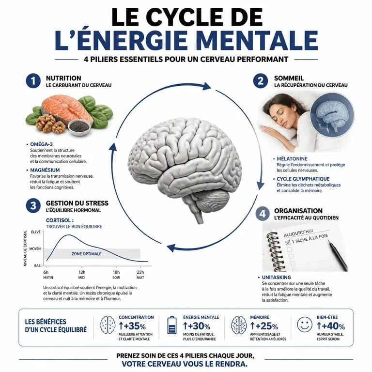 Infographie sur les facteurs clés pour retrouver de l'énergie mentale et lutter contre la fatigue cognitive