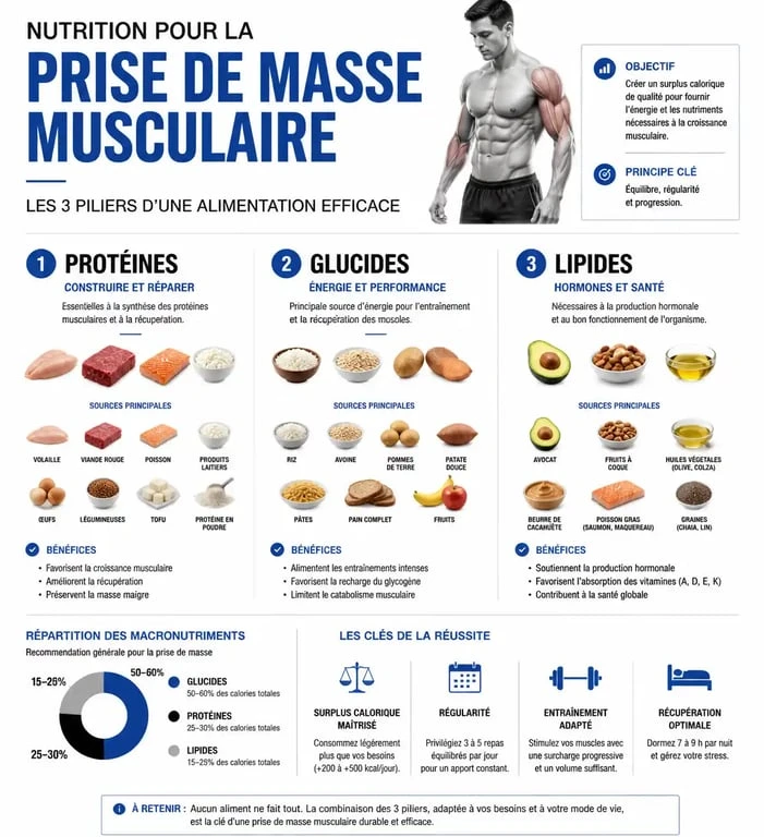 Infographie des macronutriments pour la prise de masse musculaire et les aliments clés