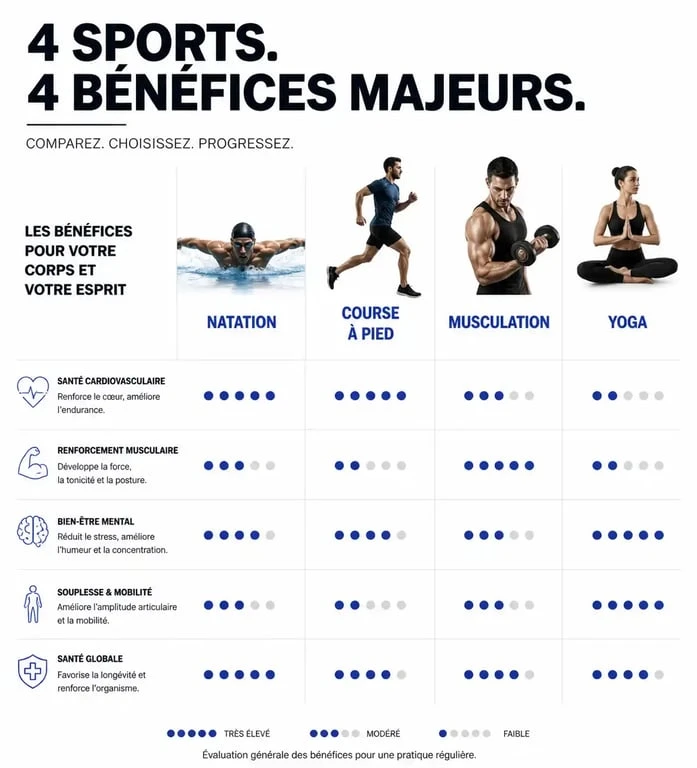 Infographie comparative des bénéfices santé des meilleurs sports : natation, running, musculation et yoga