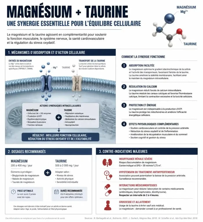 Infographie sur les effets secondaires et la synergie du magnésium et de la taurine