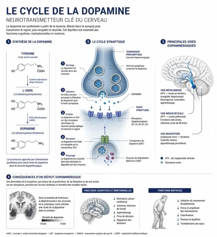 Infographie illustrant les symptômes et les causes d'un manque de dopamine dans le cerveau