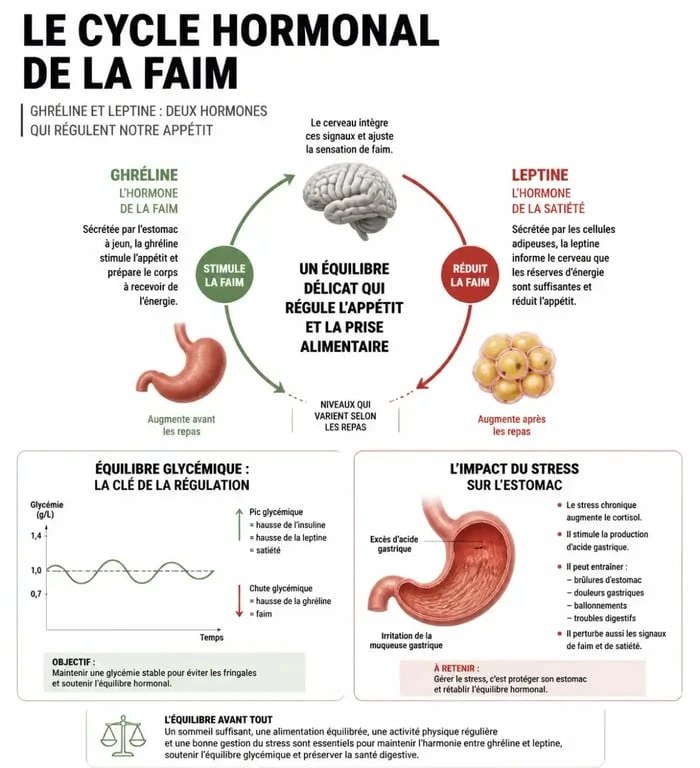 Schéma explicatif des mécanismes hormonaux et physiologiques de la sensation de faim permanente dans l'estomac
