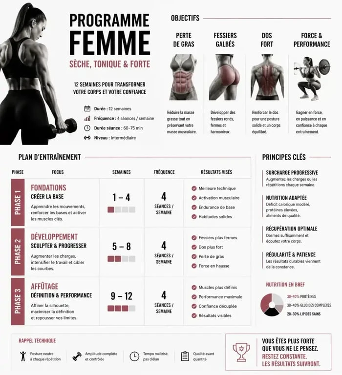 Infographie programme d'entraînement femme salle de sport