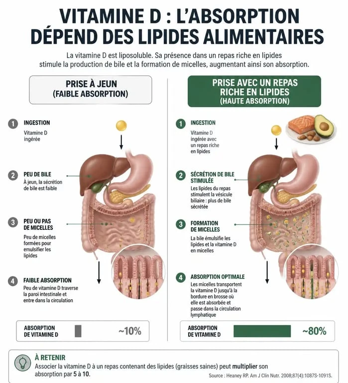 Infographie sur l'absorption de la vitamine D : pourquoi prendre la vitamine D le soir avec des lipides