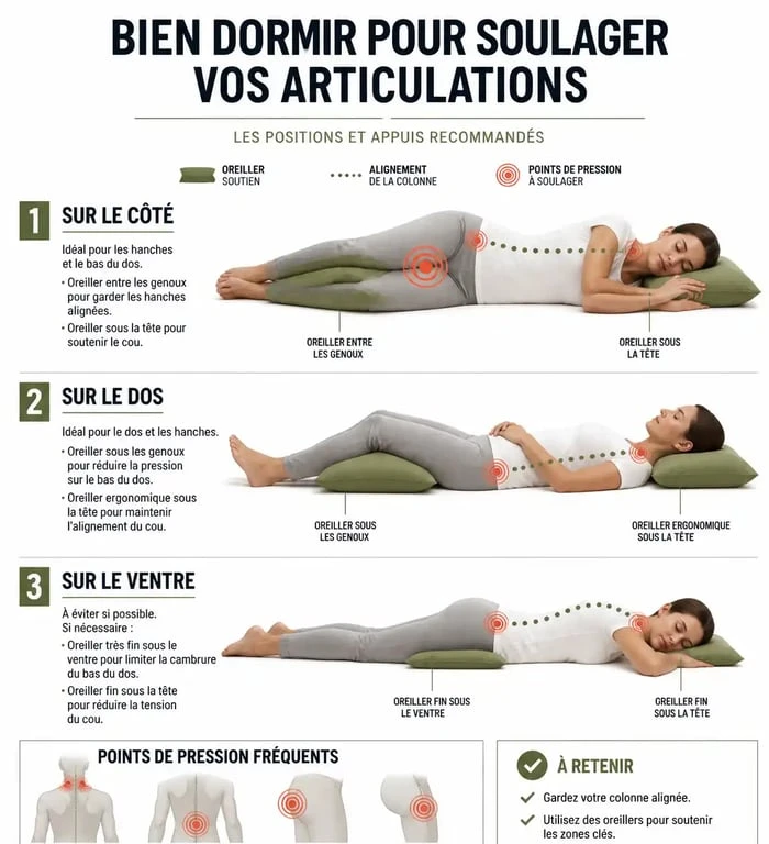 Infographie des positions de sommeil pour soulager les douleurs articulaires et améliorer la qualité du repos nocturne