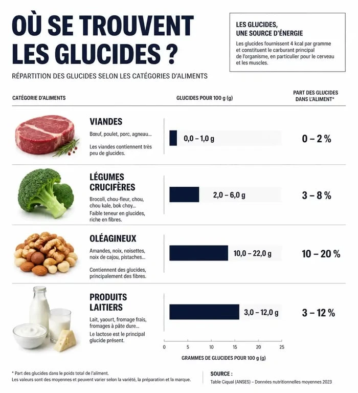 Infographie sur la teneur en glucides des aliments pauvres en glucides pour une alimentation équilibrée