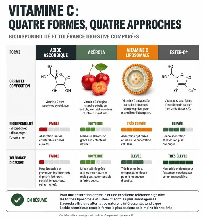 Infographie comparative des différentes formes de vitamine C pour une supplémentation de 1g par jour