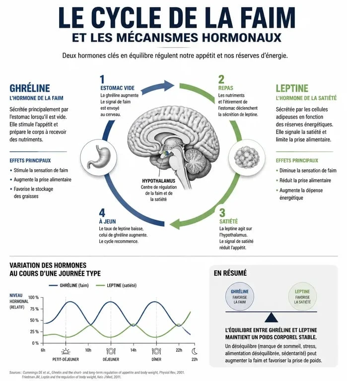 Infographie sur les mécanismes de la faim et le rôle des hormones ghréline et leptine